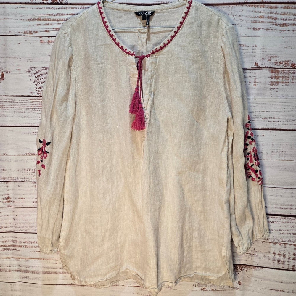 NIC+ZOE Embroidered Tassel Tunic Top Beige Women‎ Large 100% Linen Long Sleeve